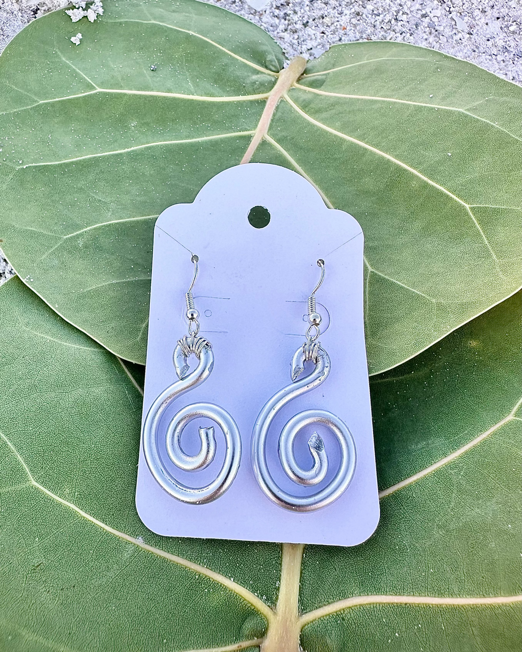 Silver spiral earrings on a purple card with green leaves in the background