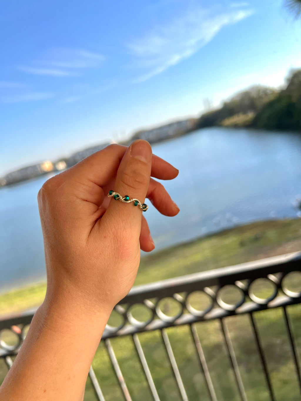 Hand wearing a ring with a scenic background of water and sky