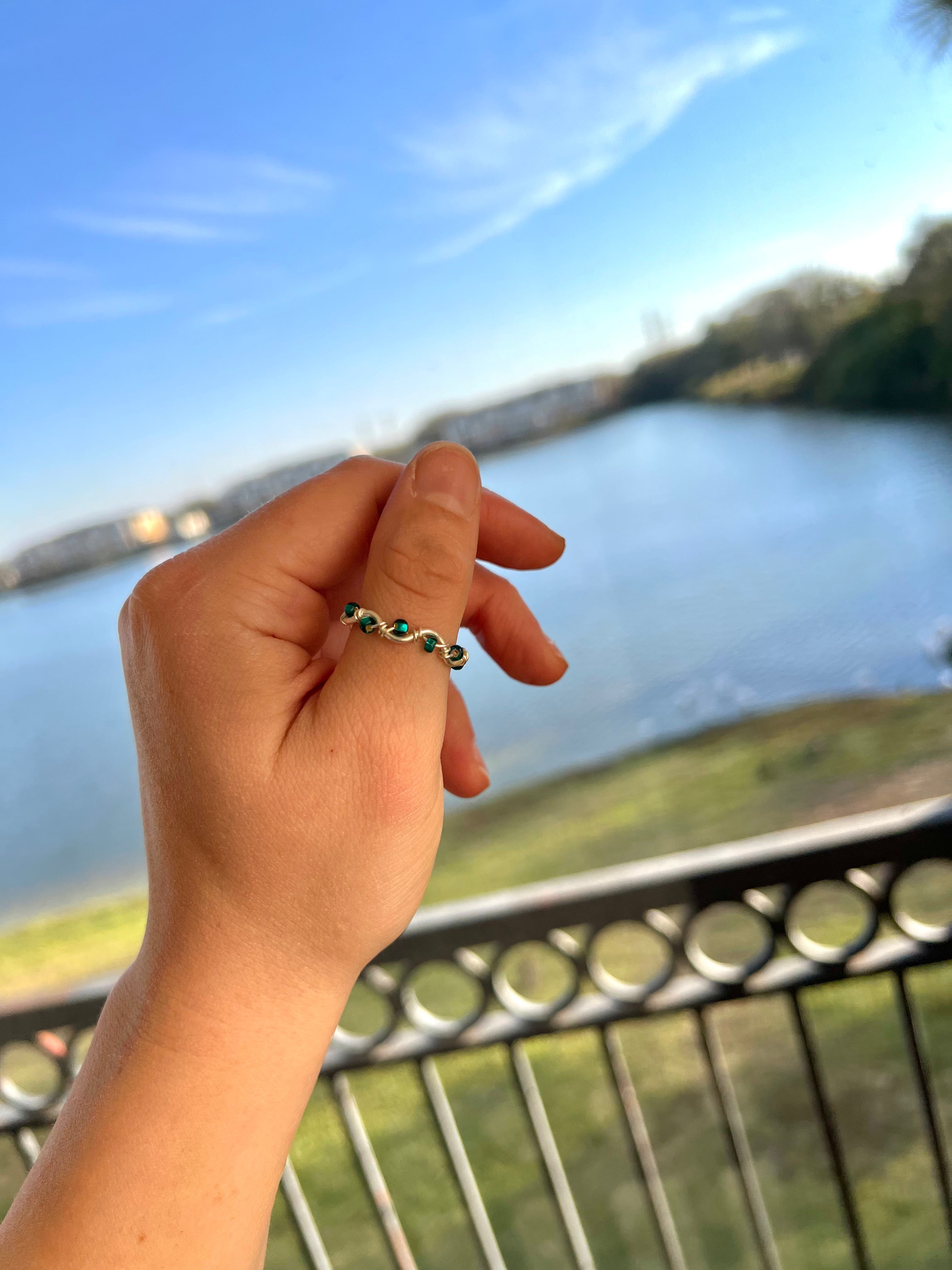 Hand wearing a ring with a scenic background of water and sky