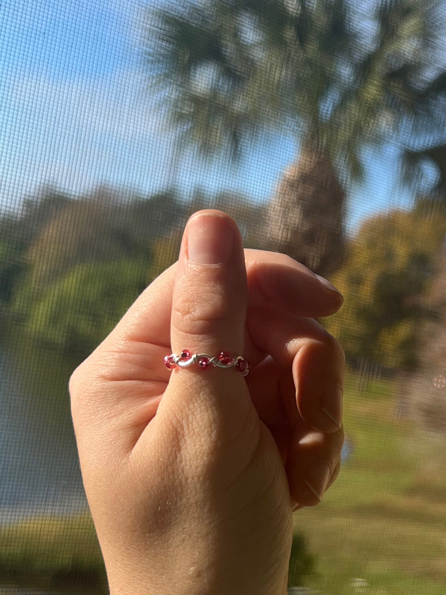 Hand holding a small red object with a blurred outdoor background