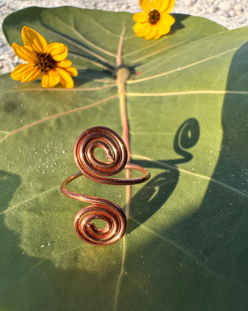 Copper spiral on a large green leaf with two small yellow flowers in the background.