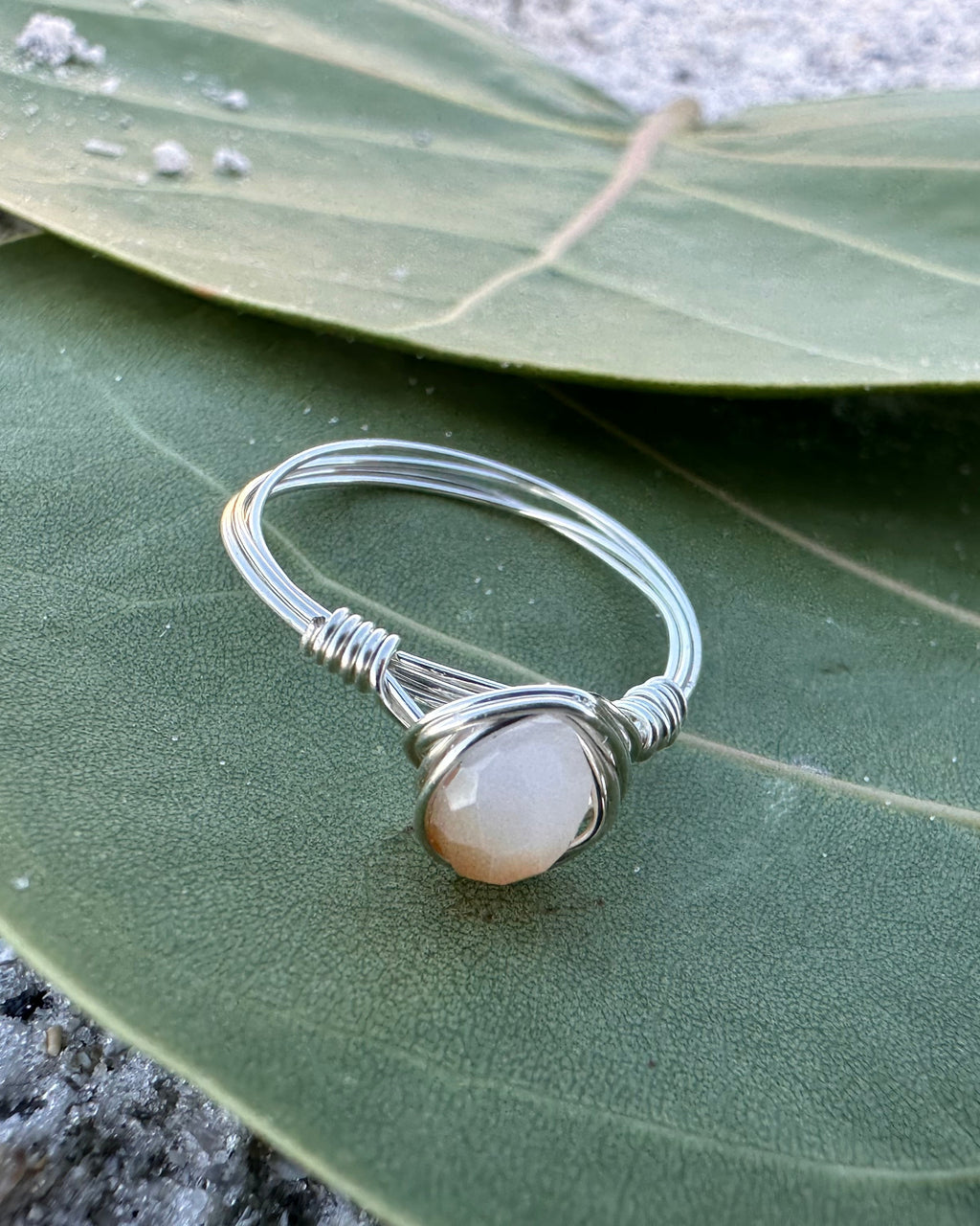 Silver ring with a central stone on a green leaf